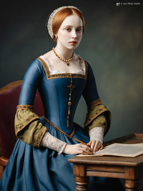 a close up of a woman in a blue dress sitting at a table