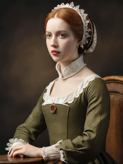 a close up of a woman in a green dress sitting at a table