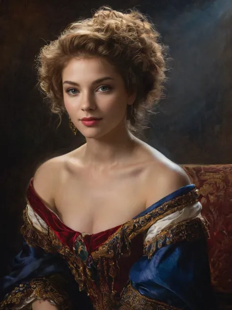 a painting of a woman in a red and blue dress