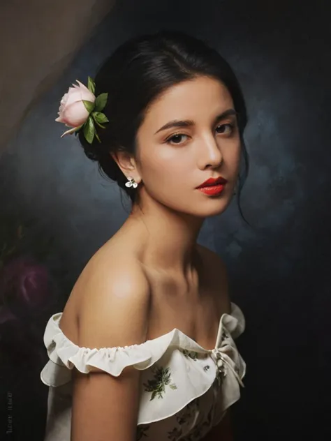 1girl,solo,black hair,short hair,jewelry,realistic,earrings,hair ornament,black eyes,lips,collarbone,parted lips,flower,watermark,upper body,portrait,hair flower,dress,web address,looking awayirt,Oil painting light and shadow