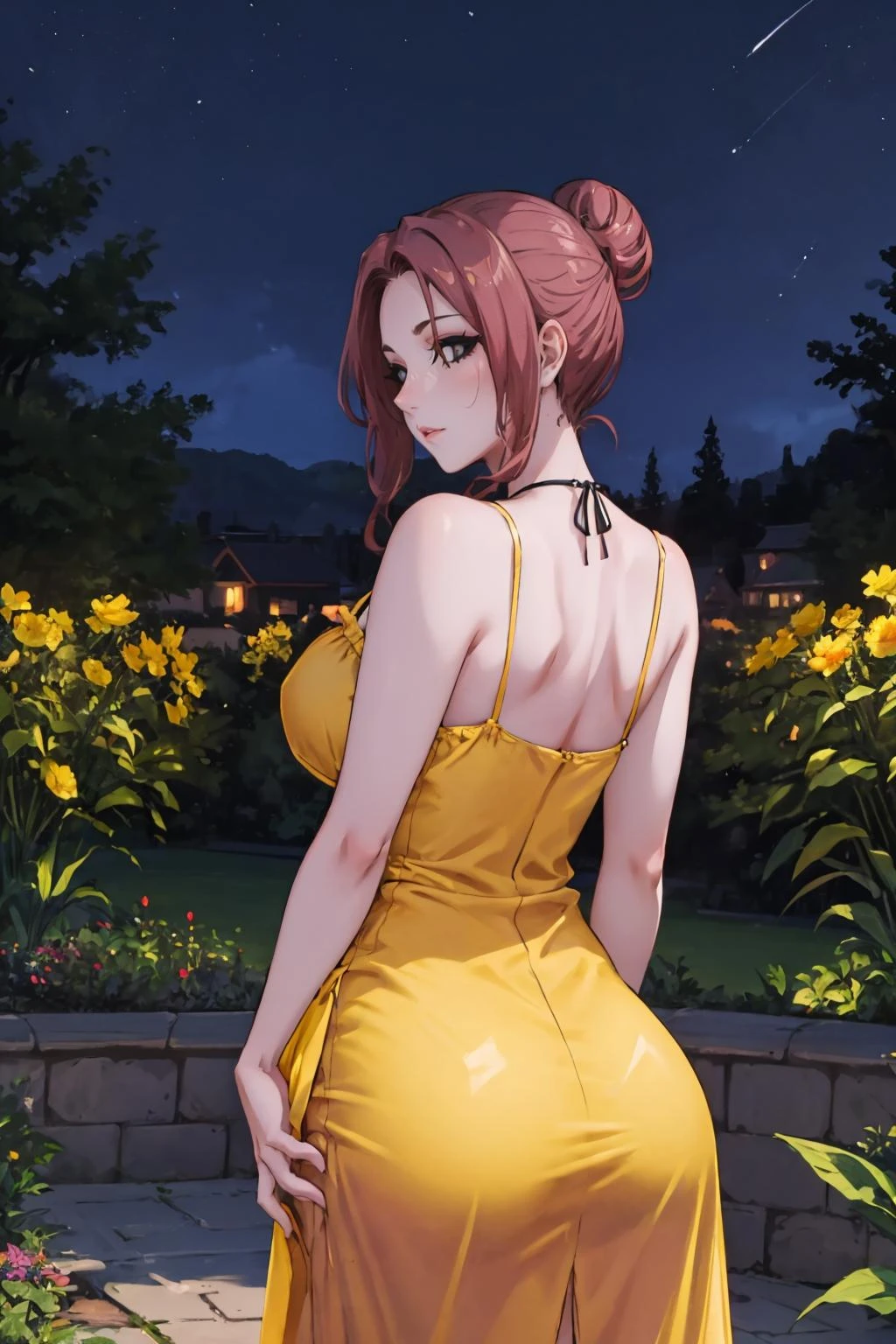 masterpiece, best quality, marla, black sclera, white eyes, hair bun, sidelocks, purple skin, large breasts, from behind, (yellow sundress:1.5), garden, night sky