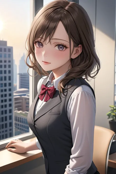 anime girl in a business suit standing in front of a window