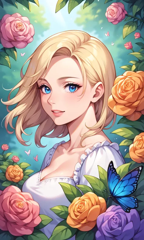 a girl with blue eyes and blonde hair is surrounded by roses