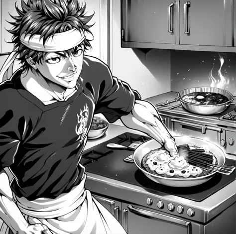 anime style illustration of a man cooking in a kitchen with a frying pan