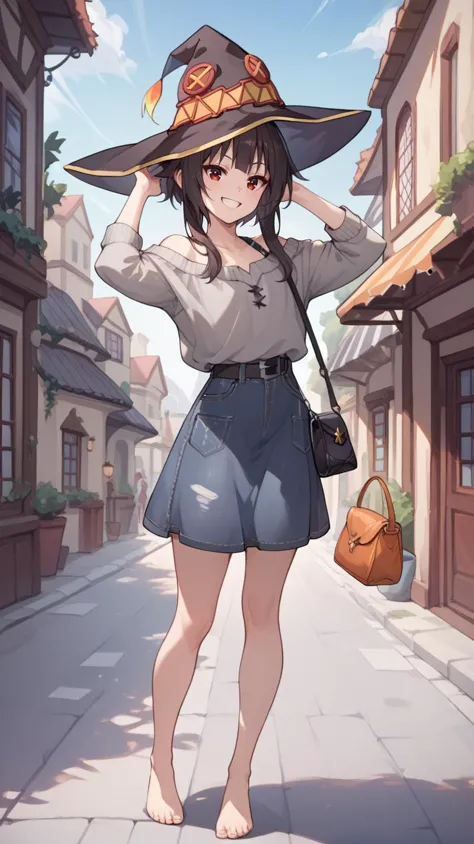 HDA_CableKnitXL   ,standing on street ,,,smile, arms up,  feet raised,  , sol    <lora:Megumin_Pony:0.8> Megumin,witch_hat, , bl...