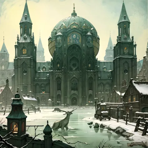 snowy scene of a large cathedral with a clock tower and a lake