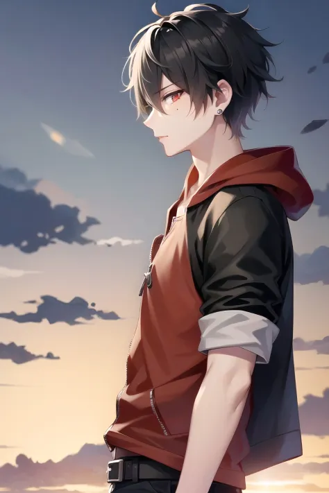 yamada ichiro\(hypnosis mic\), 1boy, solo, looking at viewer, the dirty dawg, 17 years old, profile, (short hair), red eyes, bangs, black hair, hair between eyes, heterochromia, green eyes, mole under eye, (red shirt), loose pants, bontan, gakuran, open jacket, stud earrings, hood down, zipper, red hood, black belt, belt, black pants, sleeves rolled up, lens flare, sunset