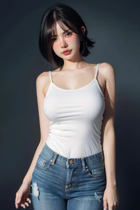 1girl, black hair, white camisole, jeans, (isolated on dark-grey background:1.2), dynamic pose, (soft lighting:1.2), shot on Canon EOS 5D, <lora:nokiaV1:0.85>, best quality, ultra high res, (photorealistic:1.4), masterpiece, real life skin, hyper real, per...