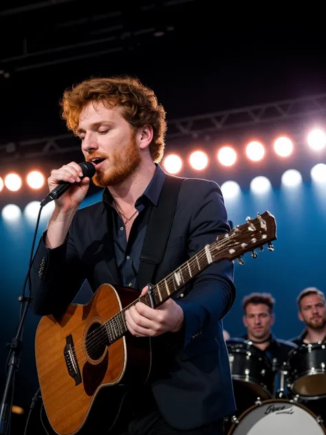 arafed man in a suit singing into a microphone while holding a guitar