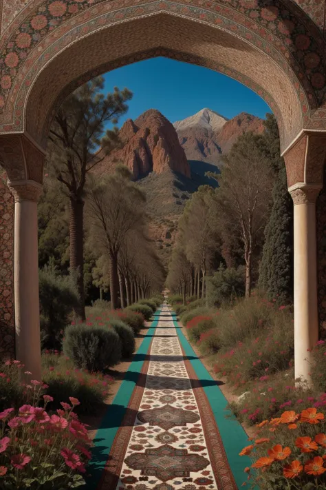 a view of a pathway with a mountain in the background