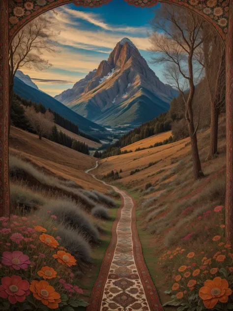 a painting of a path leading to a mountain with a view of a valley