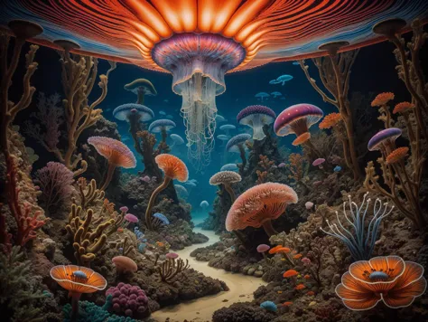 a close up of a painting of a jellyfish and other animals