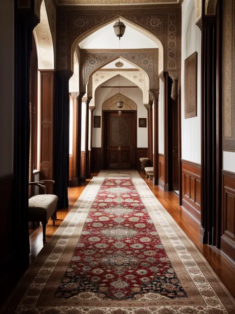 a view of a hallway with a red carpet and a chair