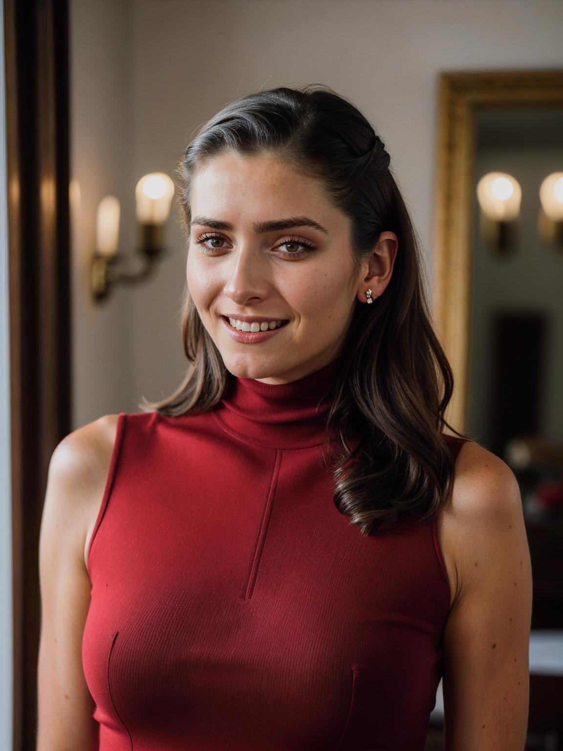 A close up of a woman in a red dress smiling - SeaArt AI