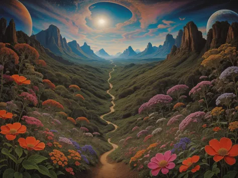 painting of a mountain landscape with a path leading to a distant planet