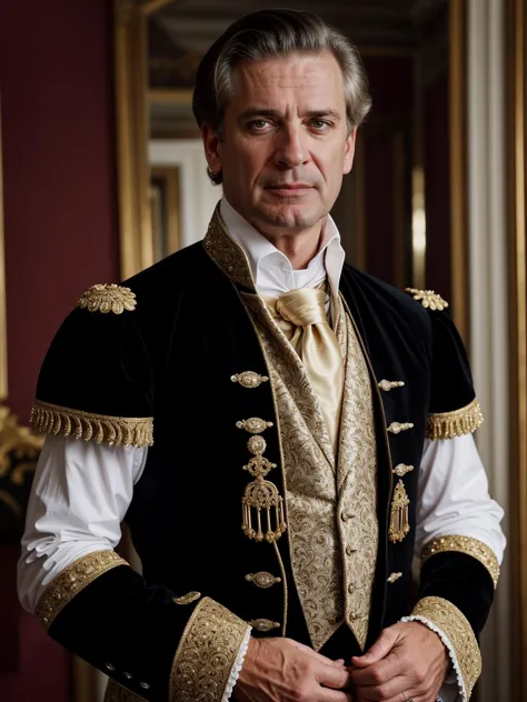 [professional::0.3][intricate:0.3:0.7][digital:0.7]-photography, (SFW), a middle-aged Russian, piercing-eyes,exasperated, his name is 'Campbell', an 18th century noble man wearing an opulent and extravagant court-suit, he has opulent jewelry with diamonds, high intricately coiffed hair, sparkling eyes, (POV), ((relaxed, looking at viewer)), picture-perfect