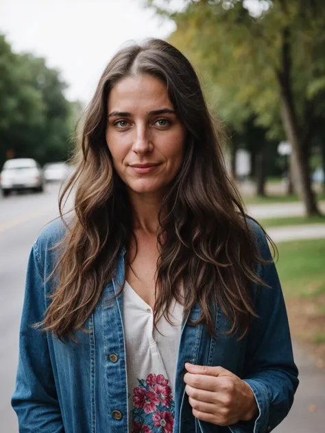 arafed woman with long hair wearing a denim jacket and jeans