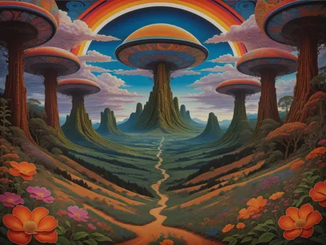 painting of a psychedelic landscape with a rainbow and mushroom like structures