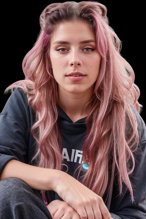 a close up of a person with pink hair and a black shirt