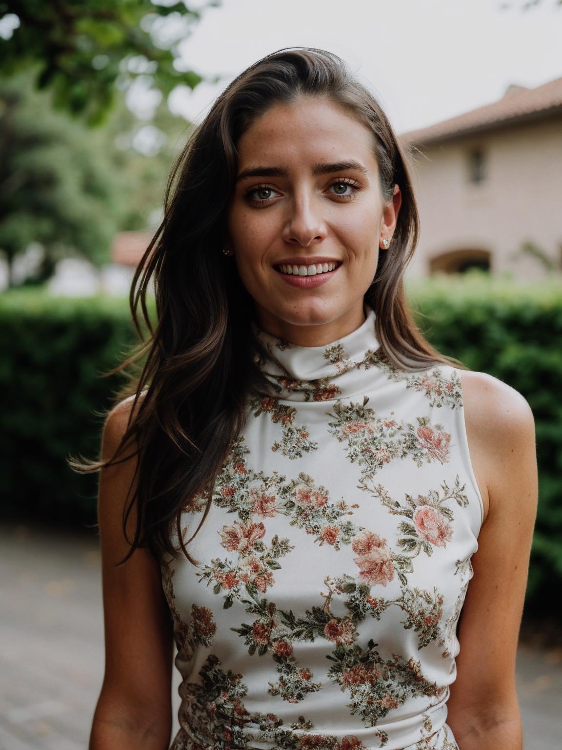 A woman in a floral dress standing in front of a hedge - SeaArt AI