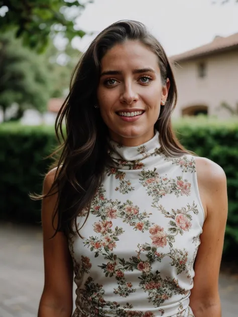 a woman in a floral dress standing in front of a hedge