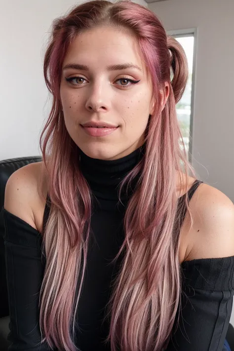 a woman with pink hair and a black top sitting on a couch