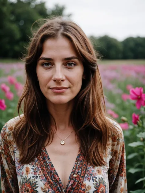 a woman standing in a field of flowers with a necklace on