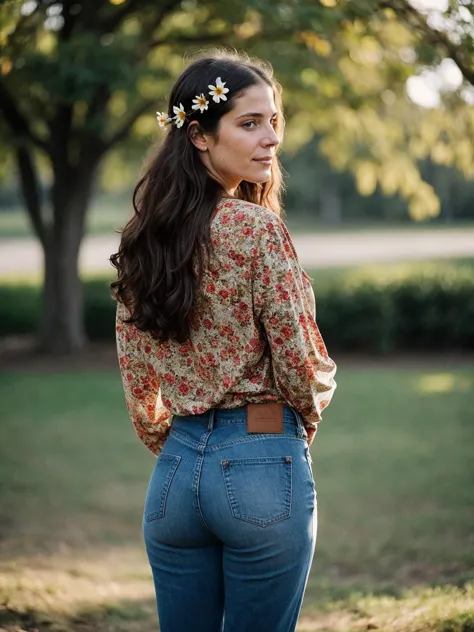 a woman in jeans and a floral shirt standing in a park