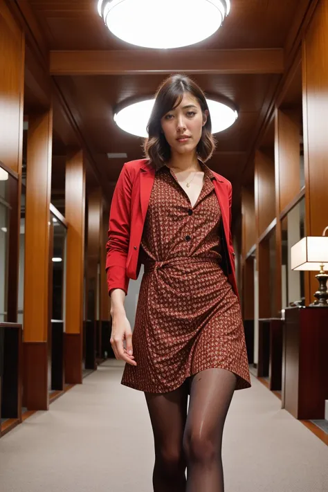 arafed woman in a red dress and black tights walking down a hallway