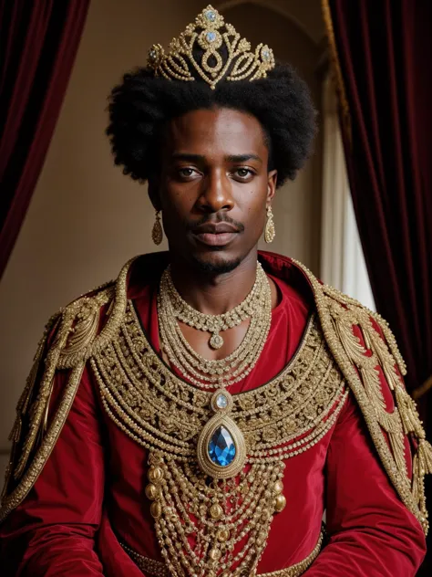 a close up of a man wearing a crown and a red dress