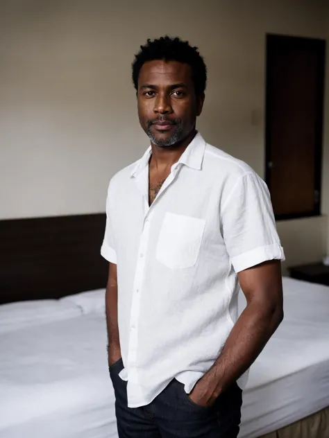 arafed man standing in front of a bed in a hotel room