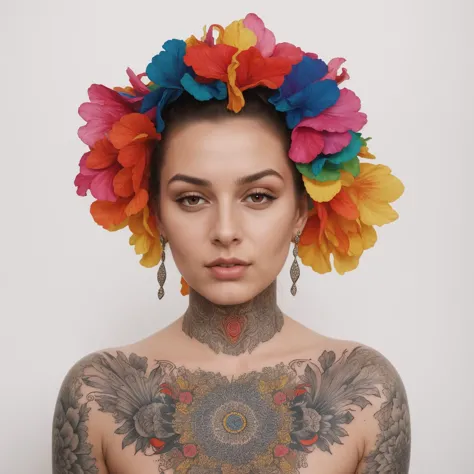 a woman with a tattoo and flower headpiece on her chest