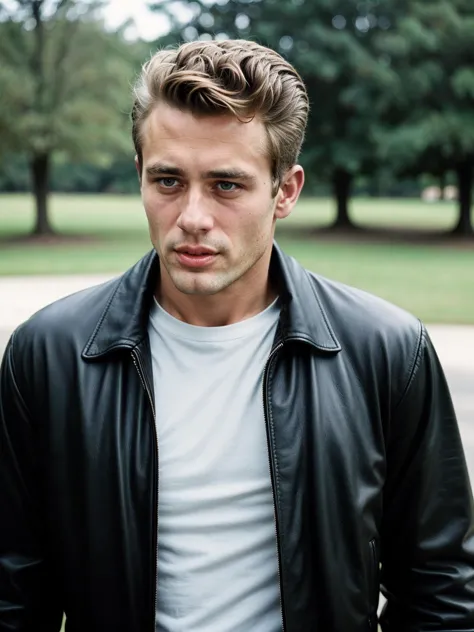 arafed man in a black leather jacket standing in a park