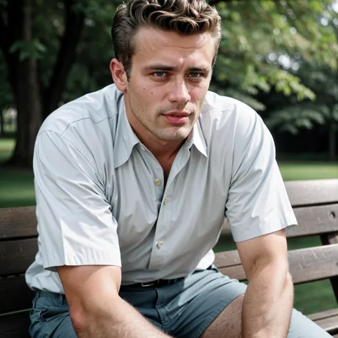 RAW photo, <lora:James Dean_j2ms3d5:1> j2ms3d5 man[ with blue-eyes:0.3], retro 50s fashion, 50s color palette, 1950s style, he is seated in a park bench (high detailed skin:1.2), 8k uhd, dslr, soft lighting, high quality, film grain, Fujifilm XT3