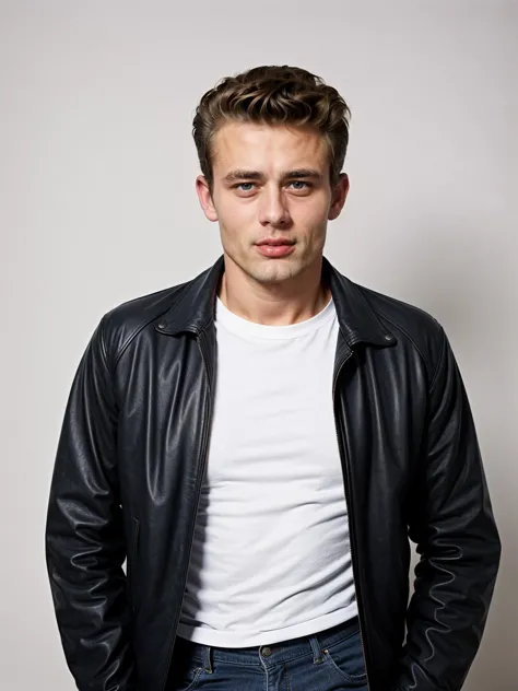 photograph of <lora:James Dean_j2ms3d5:1> j2ms3d5 man[ with blue-eyes:0.3], retro 50s fashion, 50s color palette, 1950s style, in a black-leather-jacket, white-t-shirt, olan mills photography