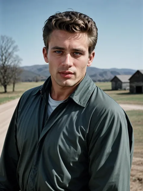 cinematic film still <lora:James Dean_j2ms3d5:1> j2ms3d5 man[ with blue-eyes:0.3], retro 50s fashion, 50s color palette, 1950s style, mid-west farm . shallow depth of field, vignette, highly detailed, high budget, bokeh, cinemascope, moody, epic, gorgeous, film grain, grainy