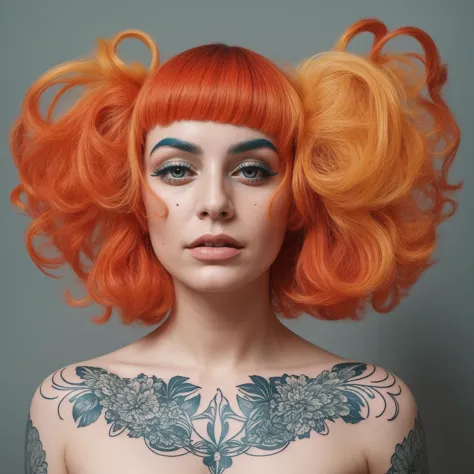 a close up of a woman with orange hair and tattoos