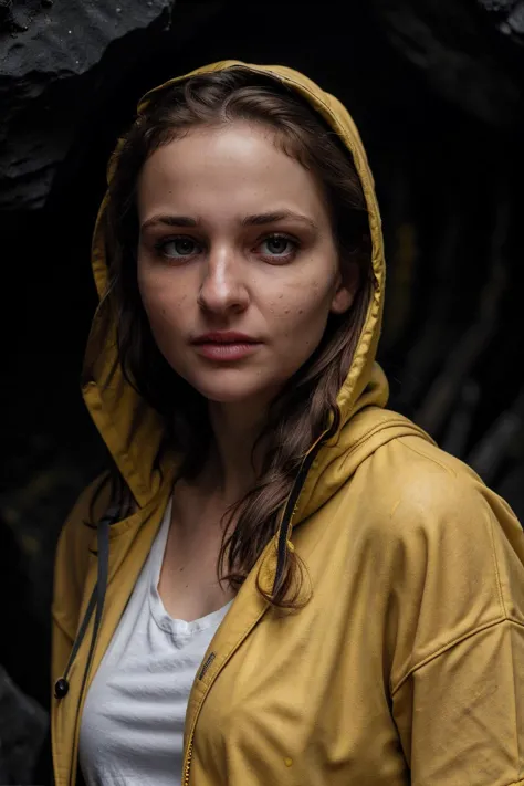 arafed woman in a yellow jacket standing in front of a rock