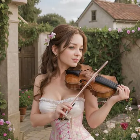 arafed woman in a corset plays a violin in a garden