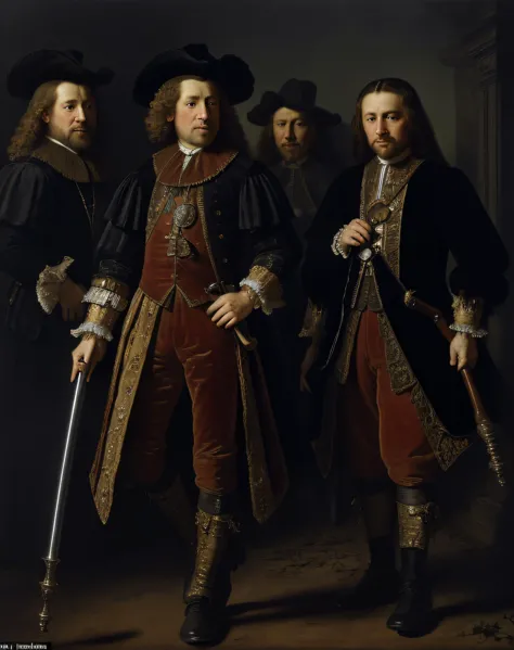 a painting of three men in period clothing standing next to each other