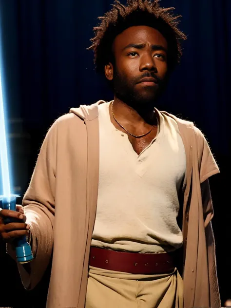 a close up of a person holding a light saber in a dark room