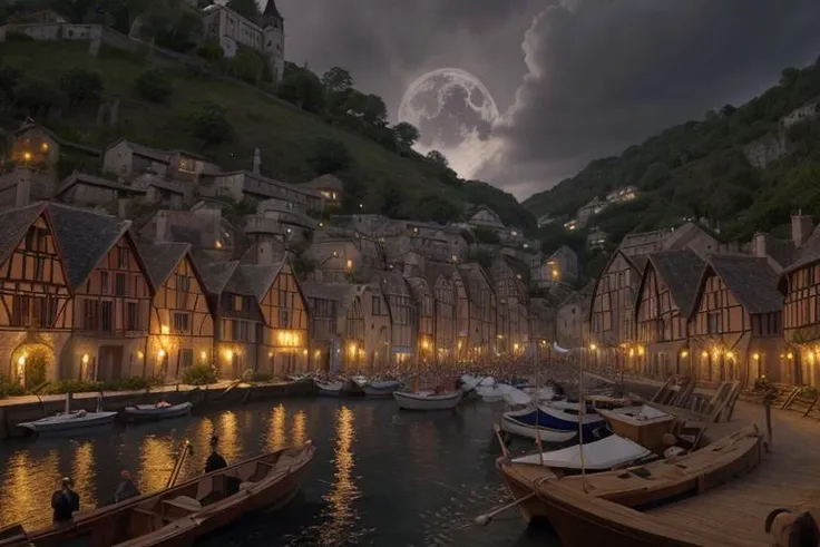 boats are docked in a harbor at night with a full moon in the sky