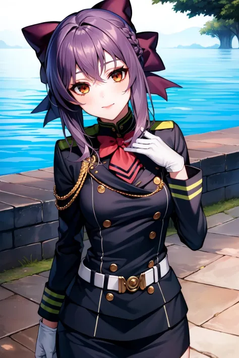 (Masterpiece:1.4), (best quality:1.2),  <lora:shinoa_and_yuuichirou_ons-000015:1>, hiiragi shinoa, 1girl, military uniform, purple hair, hair bow, gloves