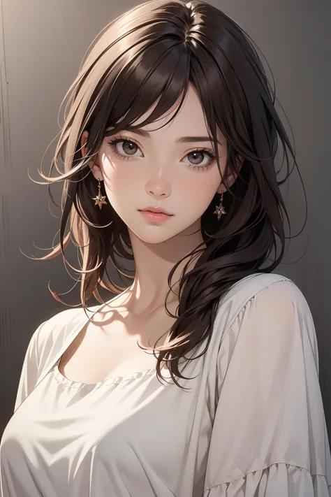 1girl, upper body, (masterpiece, best quality), RAW photo, 16k wallpaper, extremely detailed CG, amazing, ultra detailed, hyperrealistic, official art, High quality texture, incredibly absurdres, highres, 18 years old, cute girl, beautiful face, dark brown eyes