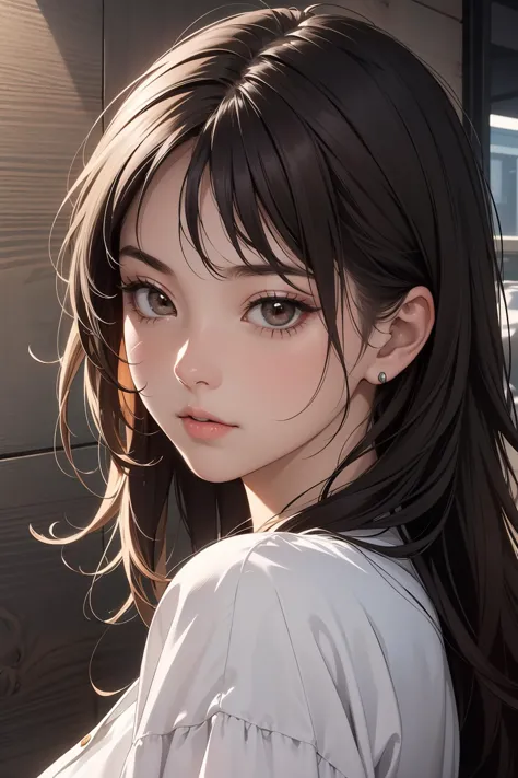 a girl with long hair and a white shirt is staring at the camera