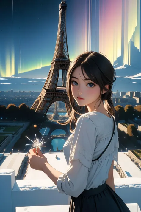 a girl holding a sparkler in front of the eiffel tower