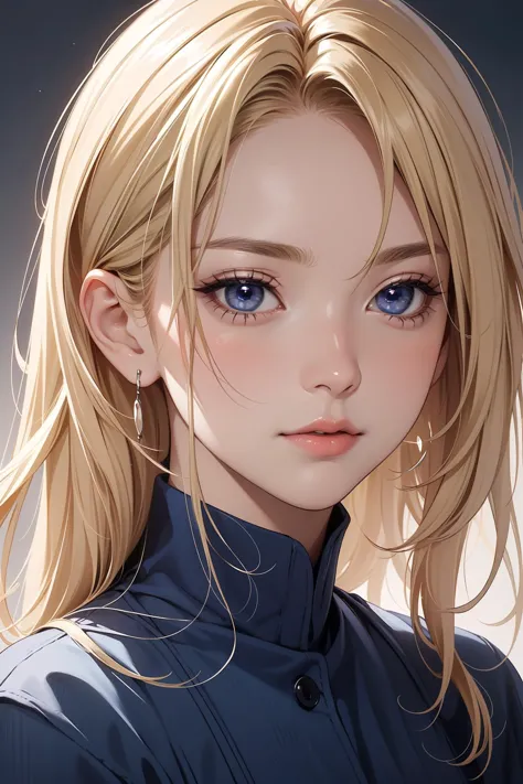 1girl, upper body, (masterpiece, best quality), RAW photo, 16k wallpaper, extremely detailed CG, amazing, ultra detailed, hyperrealistic, official art, High quality texture, incredibly absurdres, highres, 18 years old, cute girl, blonde hair, beautiful face, detailed dark indigo eyes