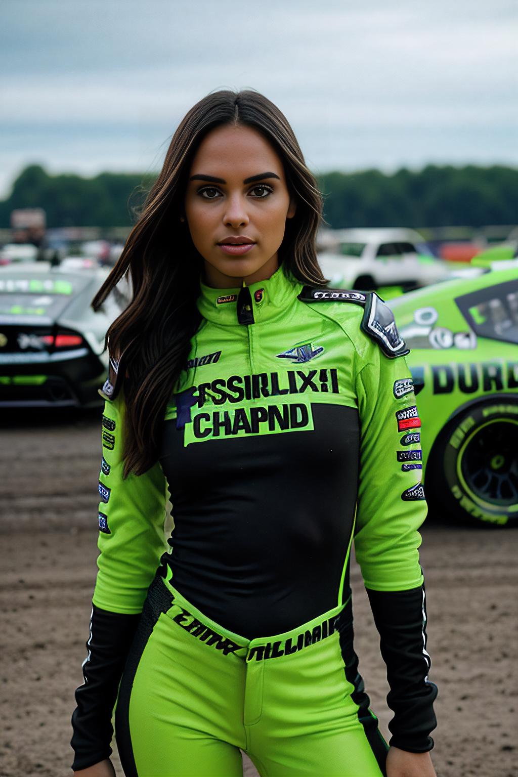 Cassie ventura, (((topless))), cute face, smiling, nascar outfit - SeaArt AI