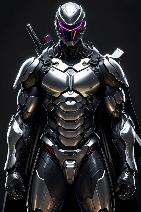 masterpiece,best quality,full body close-up of the ninja dressed in intricate cyberpunk streamlined platinum armor,ultra-high-definition movie poster,dark cosmopolitan background,strong contrast,realistic art style,