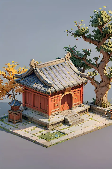 a close up of a small building with a tree in the background